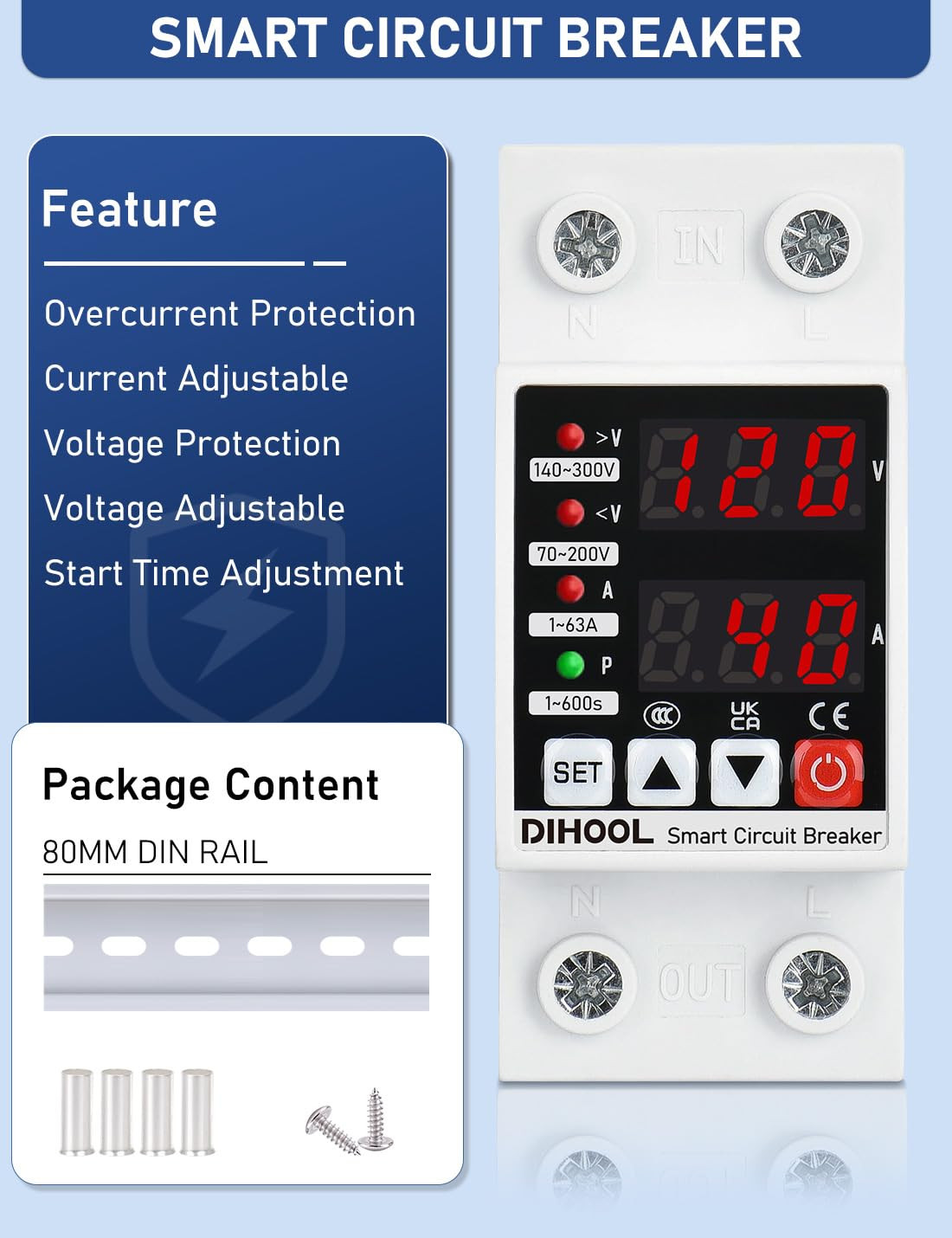 Adjustable Voltage Protector 110V 220V, Low/High Voltage Cutoff and Overcurrent