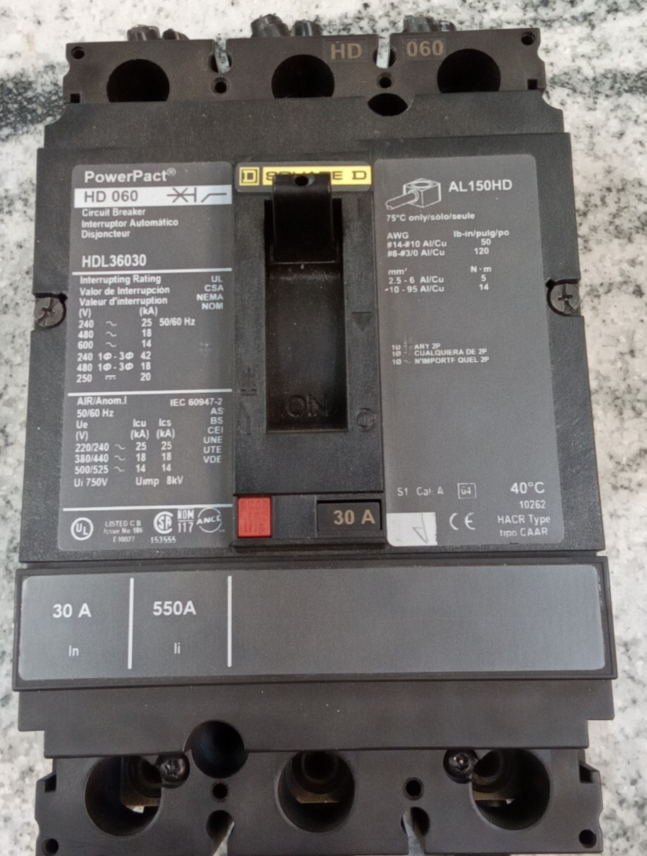Square D/POWERPACT/BREAKER/HDL36030/30A/3P/600V/HD060/AL150HD/30A RATED/UE(40D3