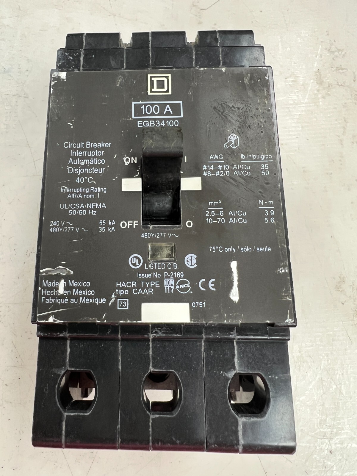 👀 NEW SQUARE D 100 AMP CIRCUIT BREAKER 480Y/277 VAC 3 POLE EGB34100