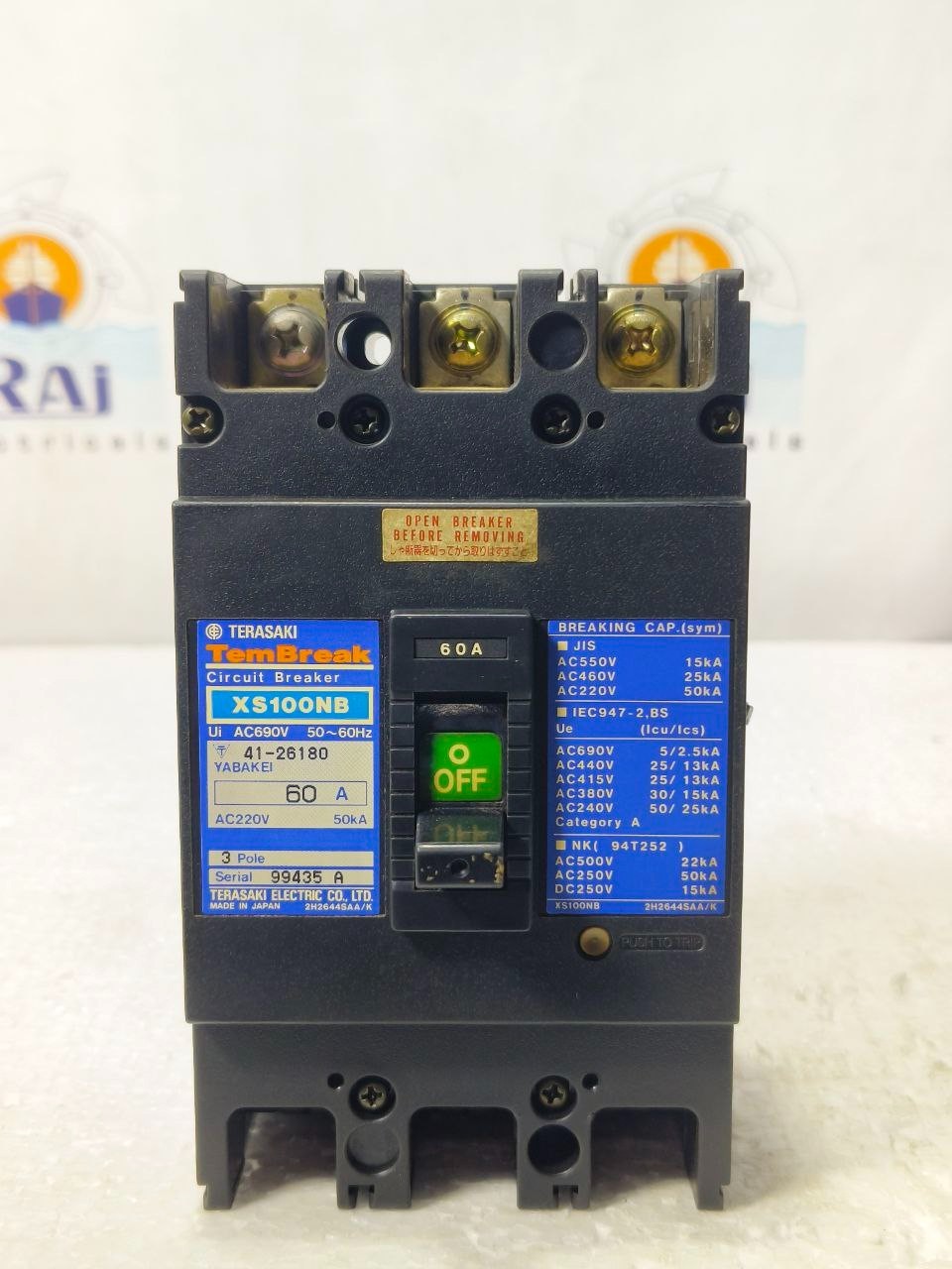 TERASAKI TEMBREAK XS100NB 3POLE 60A CIRCUIT BREAKER WITH 200-480 VAC SHUNT TRIP