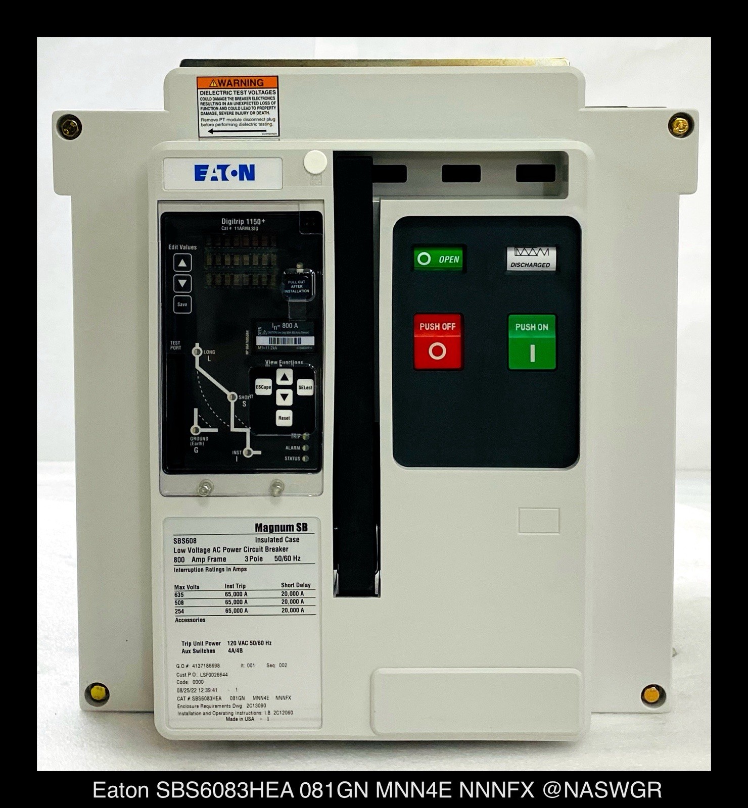 Eaton Magnum SB SBS6083HEA Circuit Breaker MO/BI – 800A – Unused/1Yr Warranty