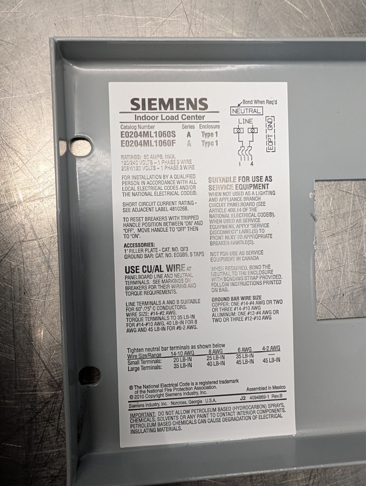 Siemens E0204ML1060SU 20A GFCI AFCI Q220AFC Indoor Load Center L16-30 Plug