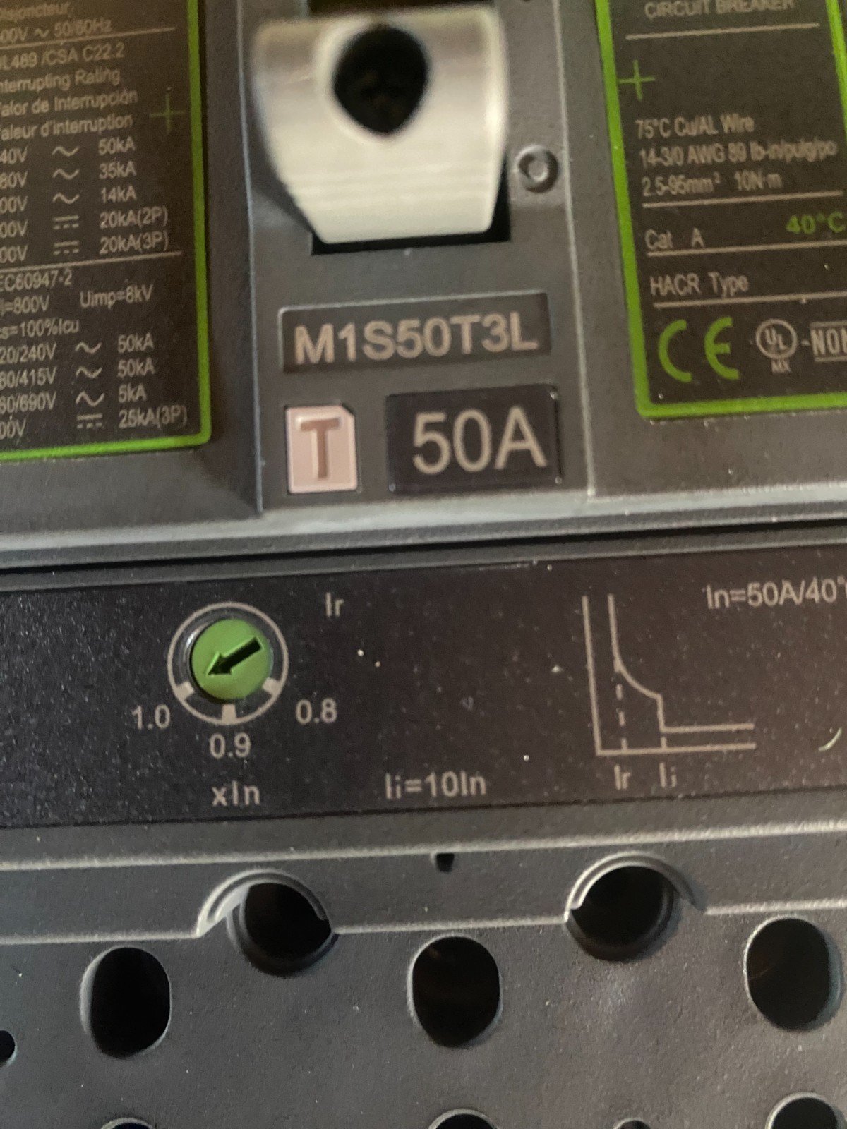 Noark M1S50T3L Circuit Breaker, 3P 50A UL489/CSA 600V-50/60Hz