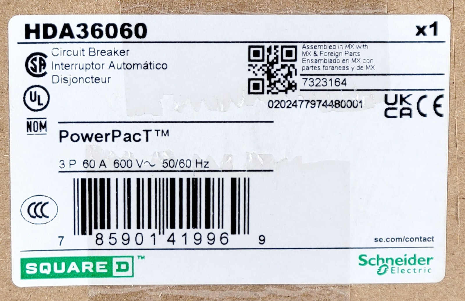 Schneider PowerPacT B – HDA36060 – 60A 3 Pole Square D Molded I-Line Plug-In