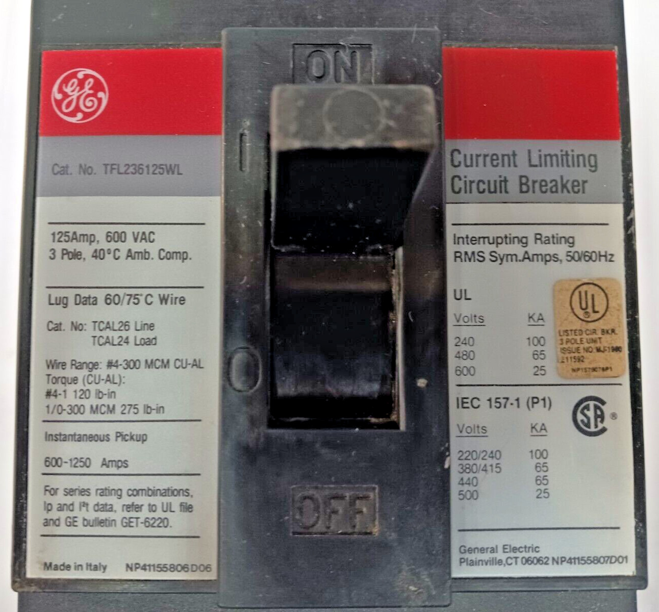 GE 125 AMP CIRCUIT BREAKER 3 POLE 600 VAC TFL236125WL