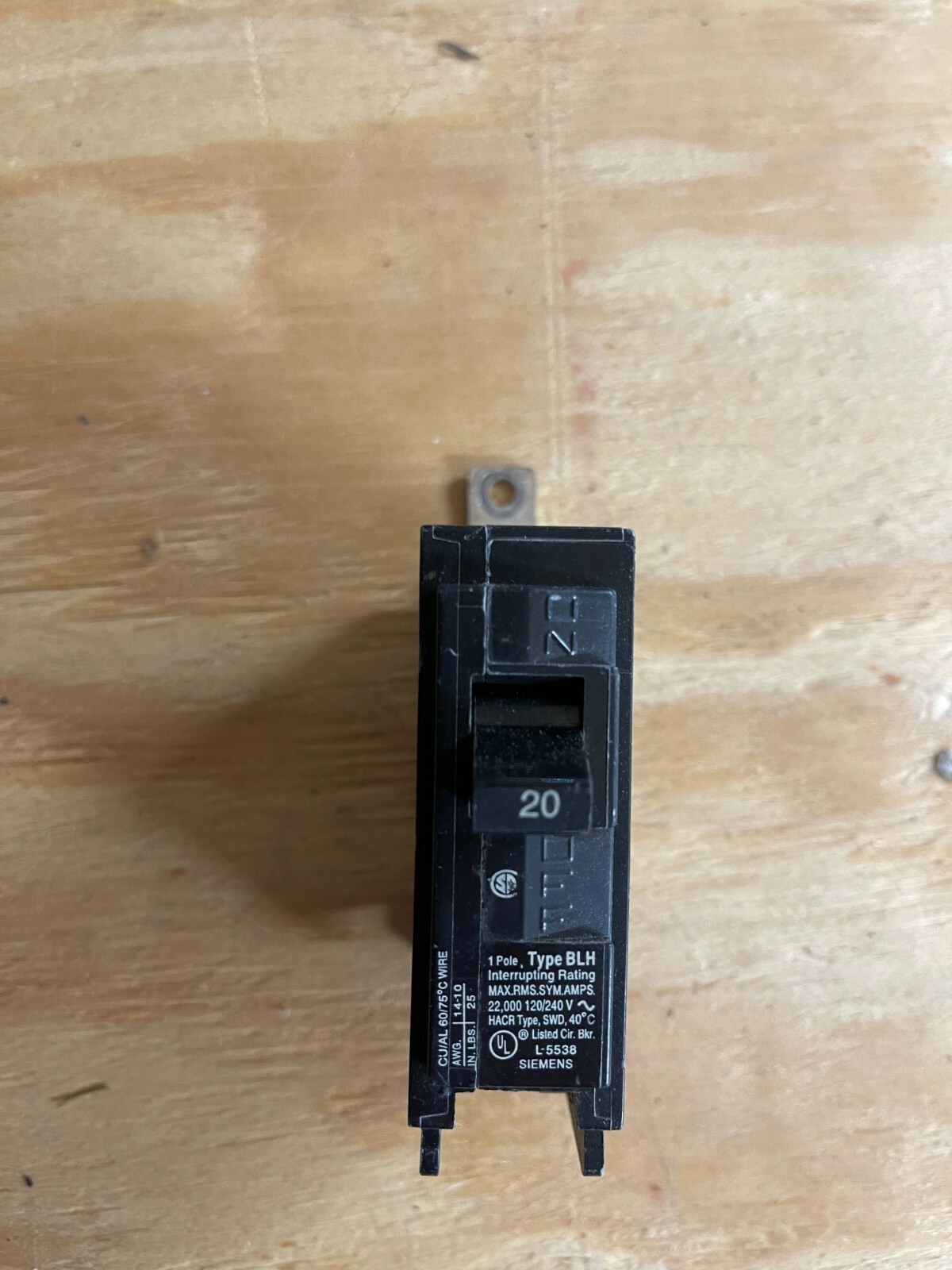 Siemens B120H type BLH single pole 20A bolt in breaker 22k