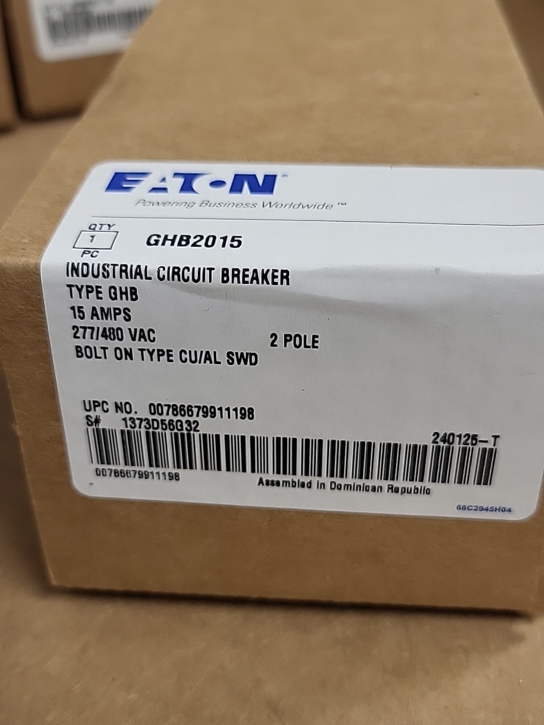Eaton GHB2015 Circuit Breaker, 2-Pole 15A 277/480V
