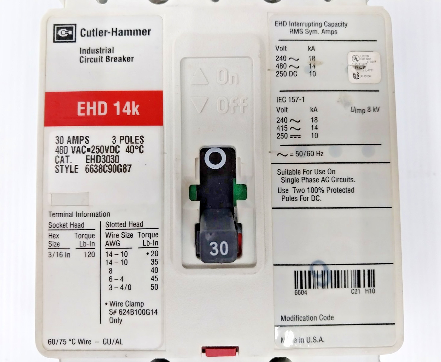 Cutler-Hammer 30 Amp Circuit Breaker 480 VAC / 250 VDC 3 Pole EHD3030