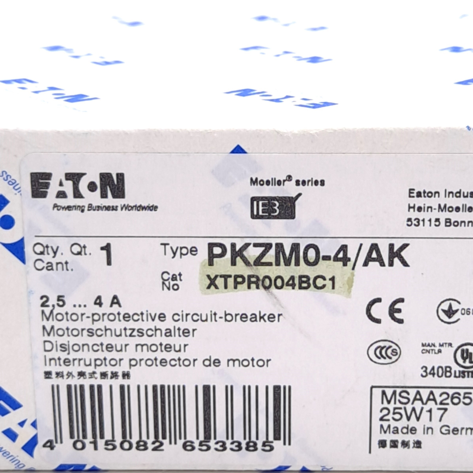 Eaton PKZM0-4/AK XTPR004BC1 Motor Protective Circuit Breaker, 3-Pole, 2.5-4A
