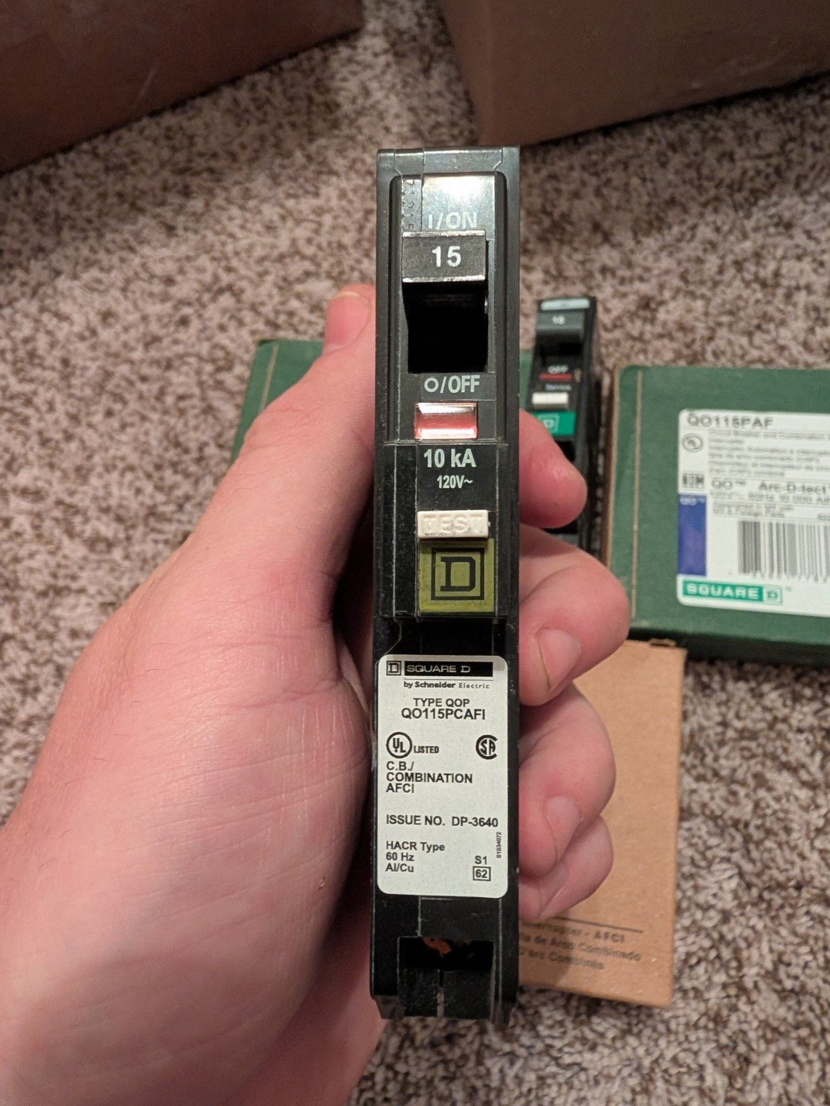 Square D- QO115PAF 15A 1-Pole AFCI Arc-Fault Plug-On Neutral Circuit Breaker NEW
