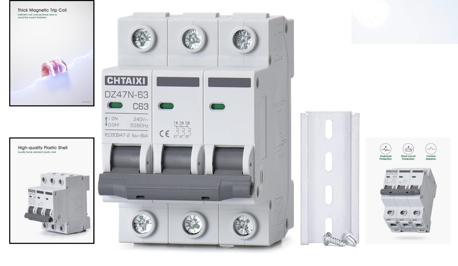 3 Pole DIN Rail 63 Amp Circuit Breaker – Reliable AC Protection & Isolation