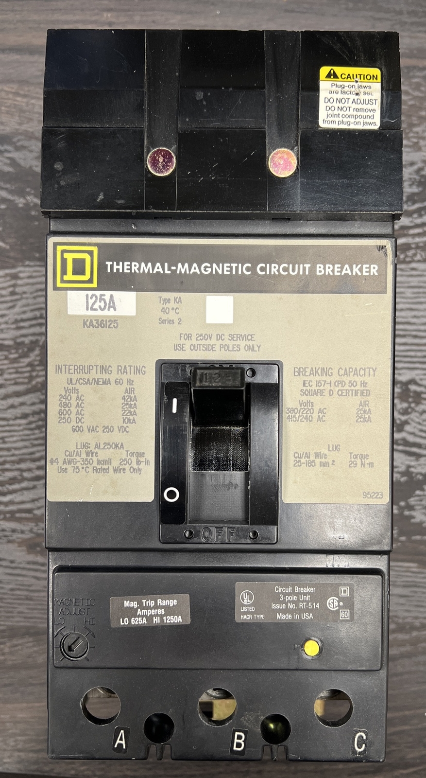 KA36125 Square D 125 Amp 600V 3 Pole ILine Circuit Breaker New