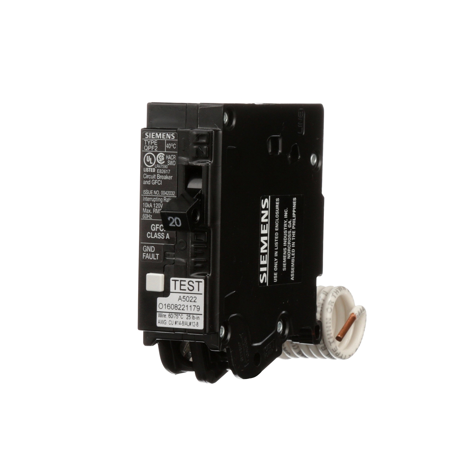 20 Amp Single Pole GFCI Circuit Breaker Type QPF2 with Self Test Feature