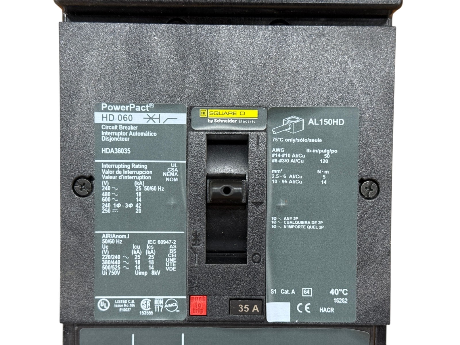 SQUARE D HDA36035 35A 3-POLE 600V POWERPACT H-FRAME I-LINE CIRCUIT BREAKER