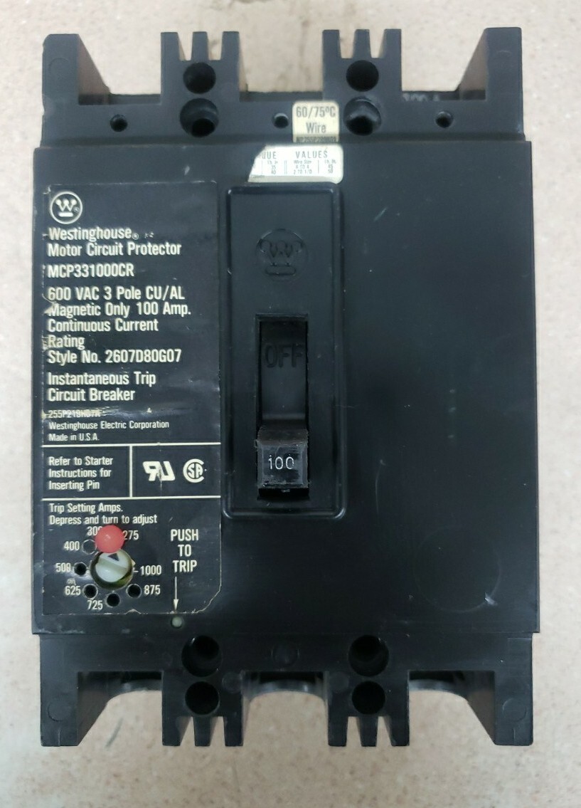 Westinghouse MCP331000CR 3 Pole 100 Amp 600V Motor Circuit Protector Used