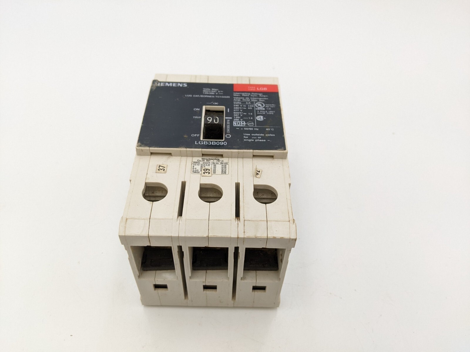 Siemens LGB3B090 Bolt On Circuit Breaker 90A 3P 600Y/347V 3PH LGB 90 Amp 3 Pole