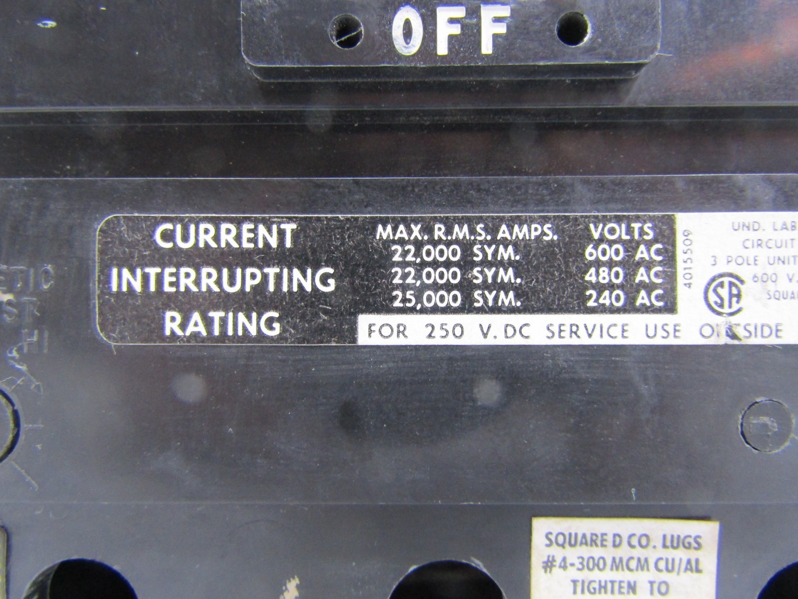 Square D KAP36225 225 Amp 600V 3-Pole Circuit Breaker 225A 600 VAC 250 VDC