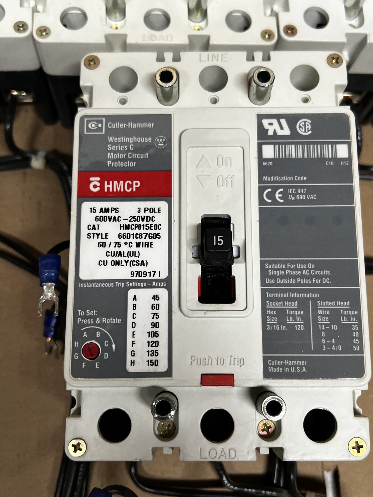 Cutler Hammer Circuit Breaker Series HMCP015E0C 15 amps 3 pole