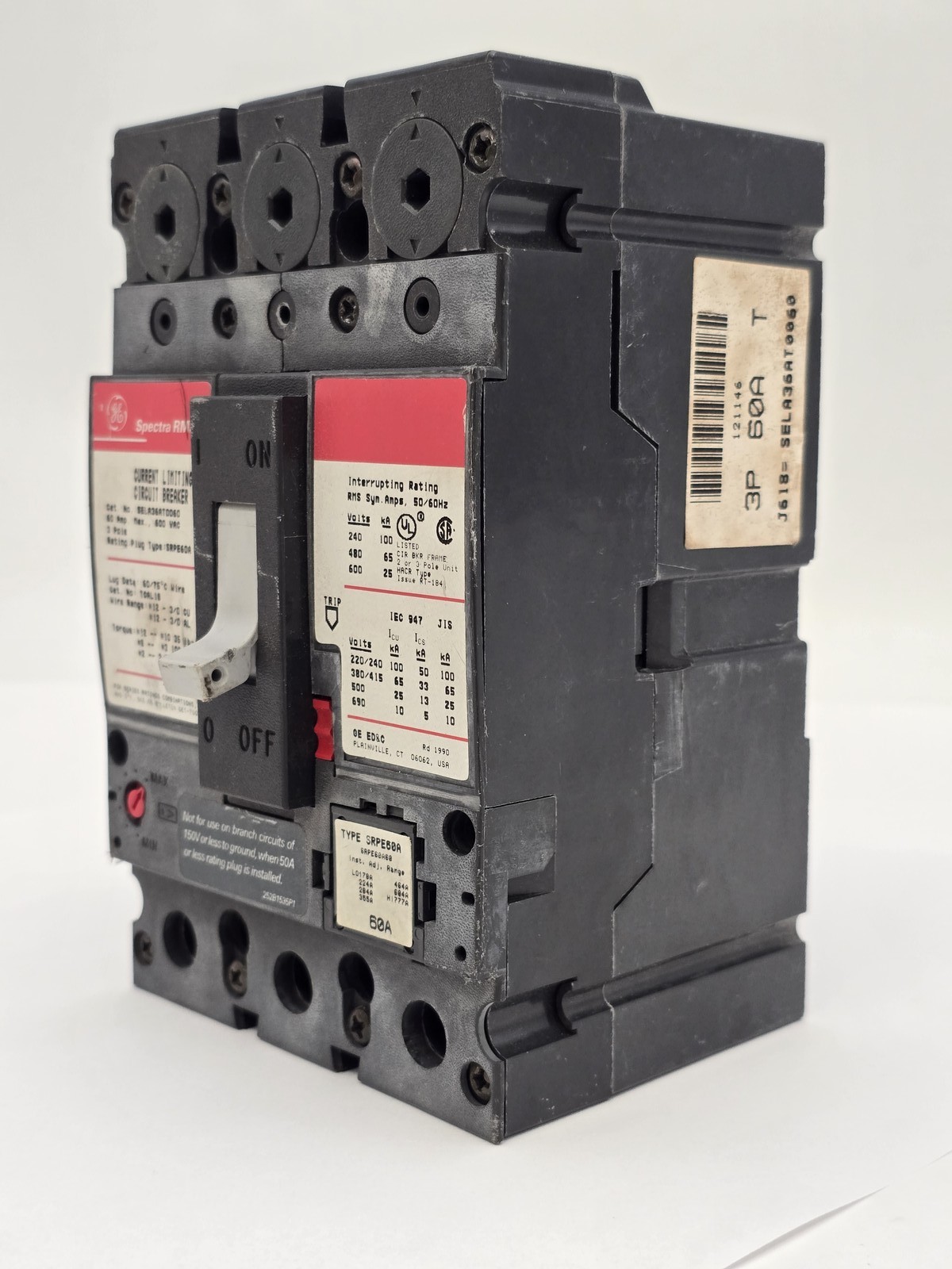 General Electric SELA36AT0060 Bolt On Circuit Breaker 60A 600VAC 3P 25 kA Trip