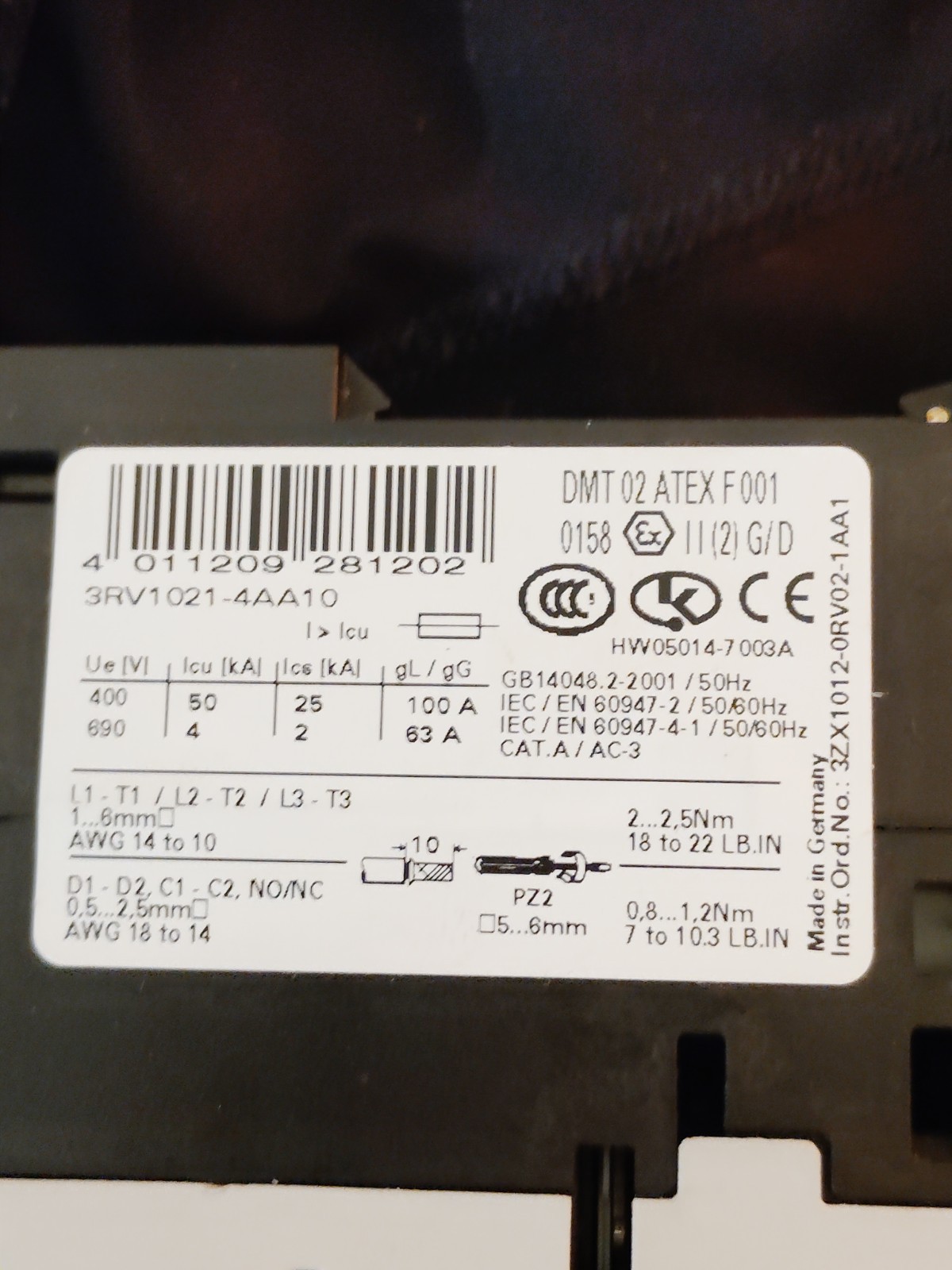 SEIMENS 3RV1021-4AA10 11-16 A Old Stock , New In Box.