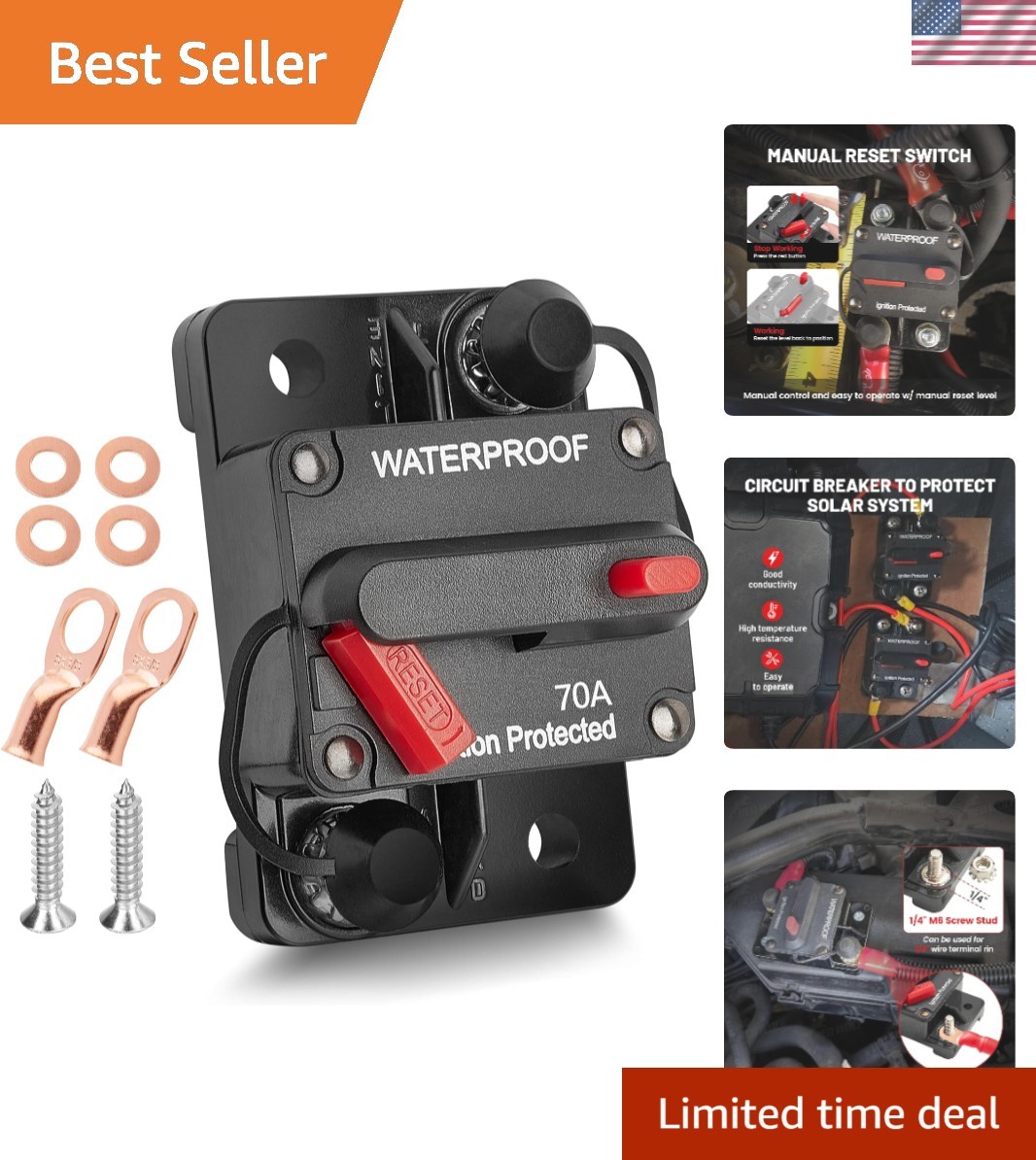 Durable 70A Circuit Breaker with Manual Reset for Audio and Solar Equipment