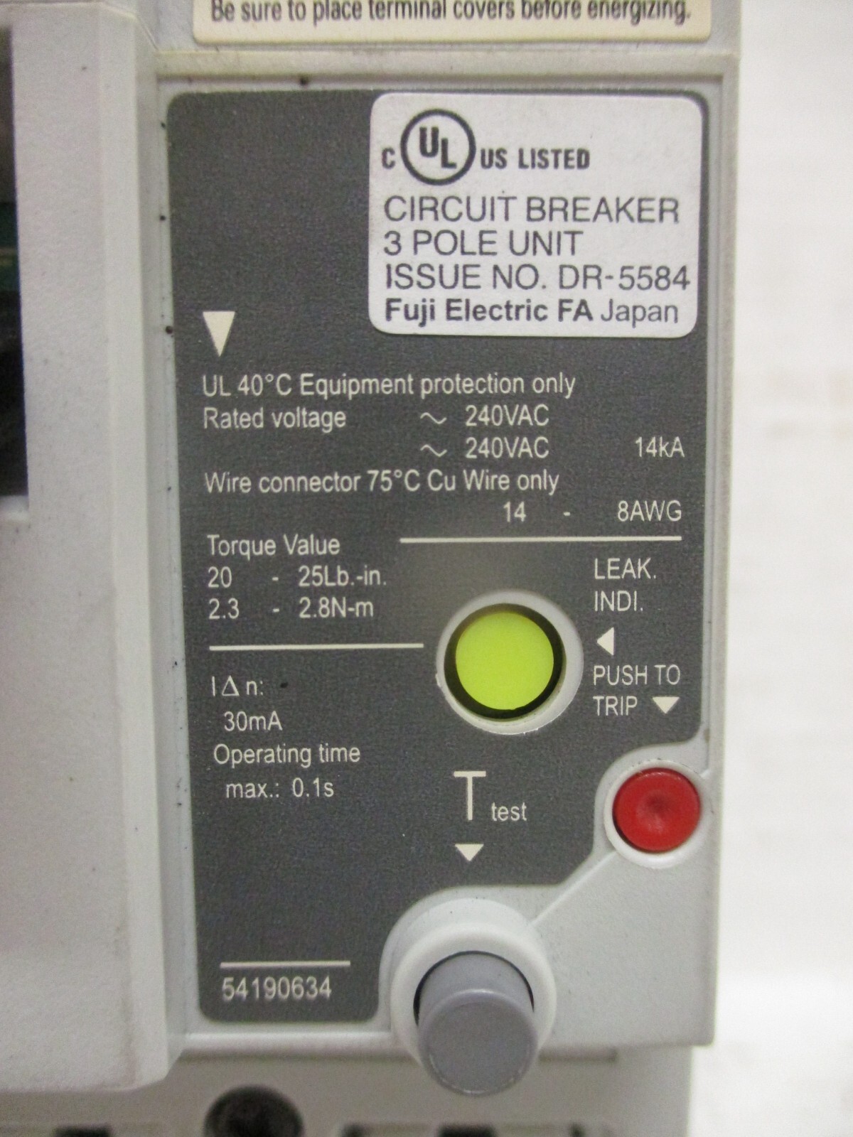 Fuji Electric EW50RAGU-3P005 5 Amp Earth Leakage Breaker 5A 3-Pole 100-230-440V