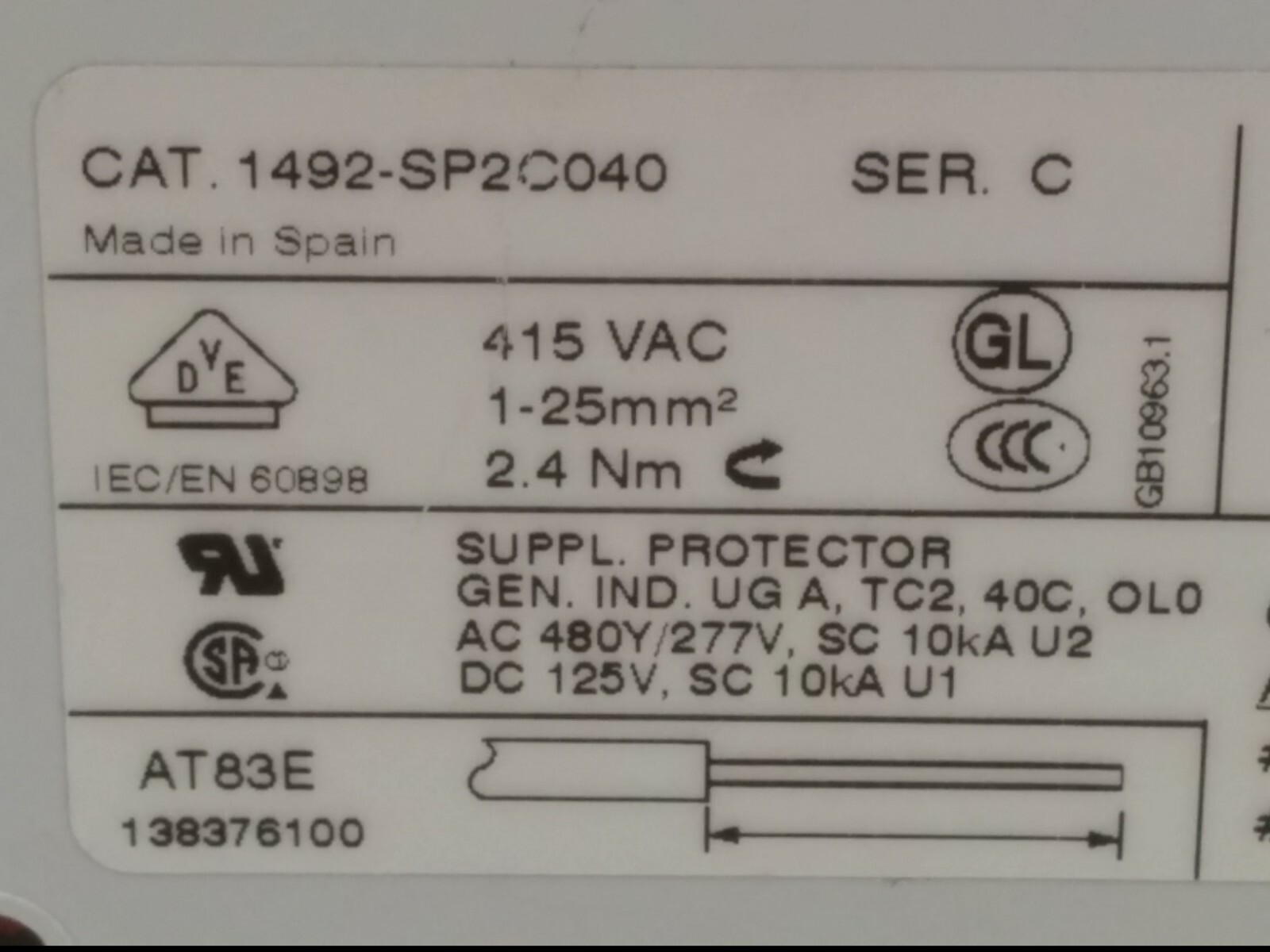 ALLEN BRADLEY 1492-SP2C040 CIRCUIT BREAKER, 415 VAC, SER. C, 2P 4A