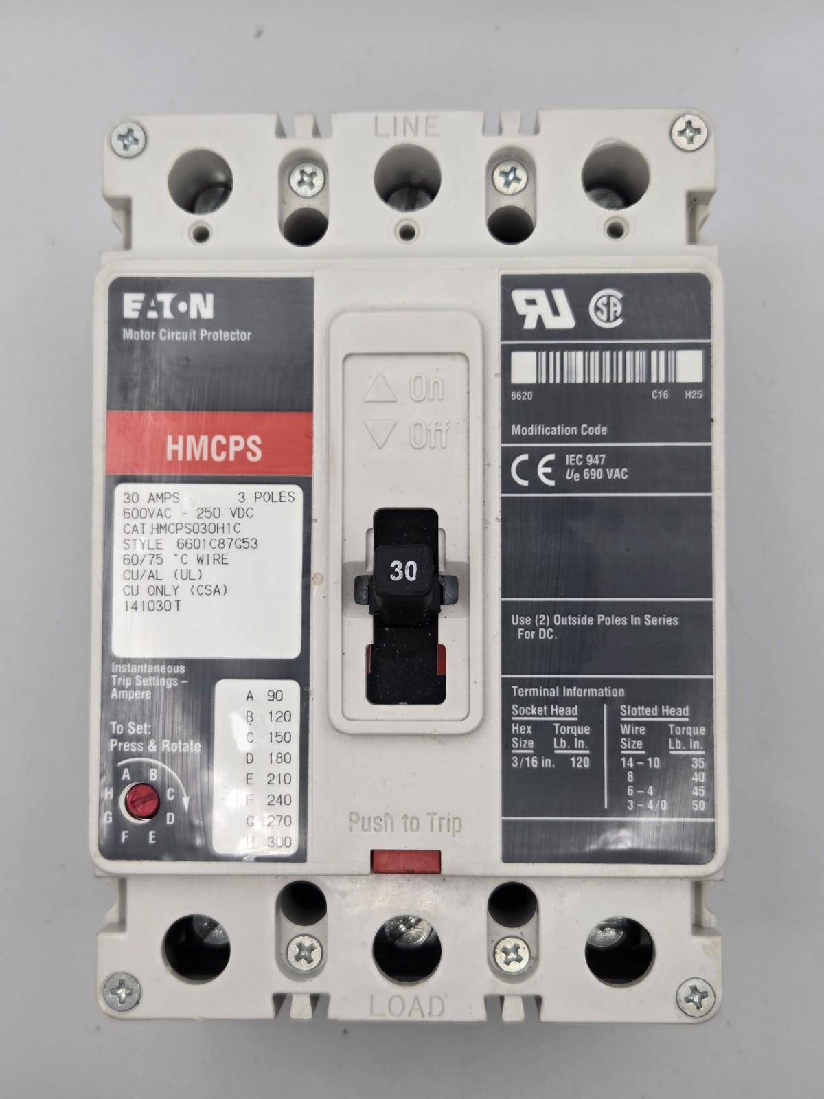 Eaton HMCPS030H1C Circuit Breaker, F-Frame, C,30A,3 Pole, 25kva