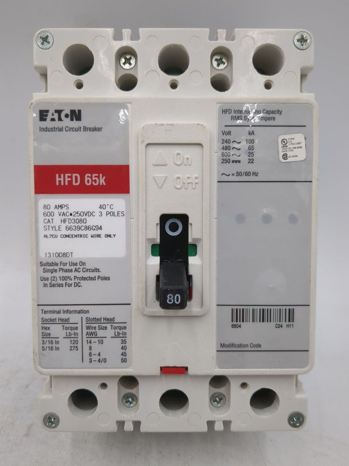 Eaton HFD3080 Circuit Breaker 80A 3P 600V 3PH HFD 65k 80 Amp 3 Pole Used