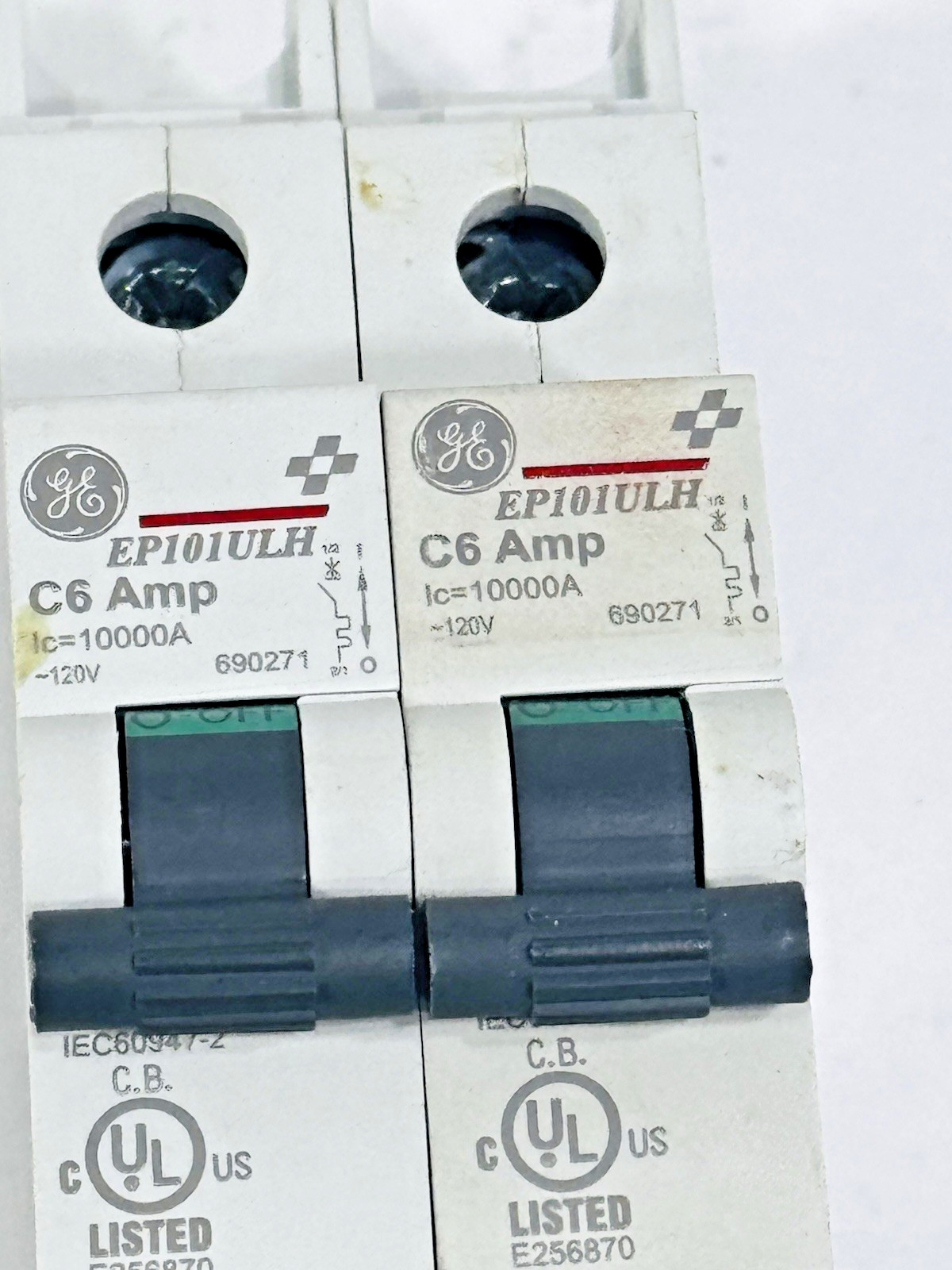 Lot of 2 ea GE EP101ULHC6 / 690271 E256870 6 Amp Mini Circuit Breaker 1 Pole 120