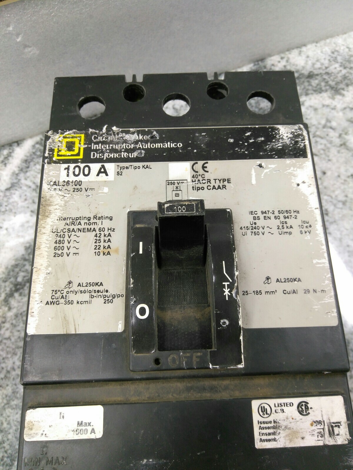 SQUARE D KAL36100 3P 600VA/250VD 100A AL250KA TYPE KAL Breaker/USE(33D3