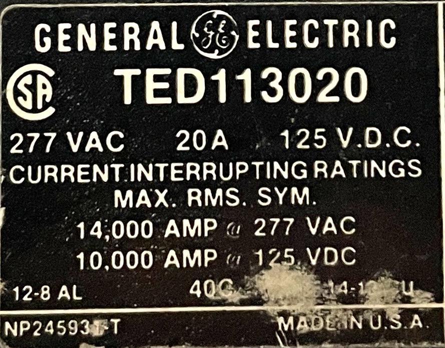 Lot of (3) General Electric TED113020 1-Pole Circuit Breaker 20A 277VAC 1PH