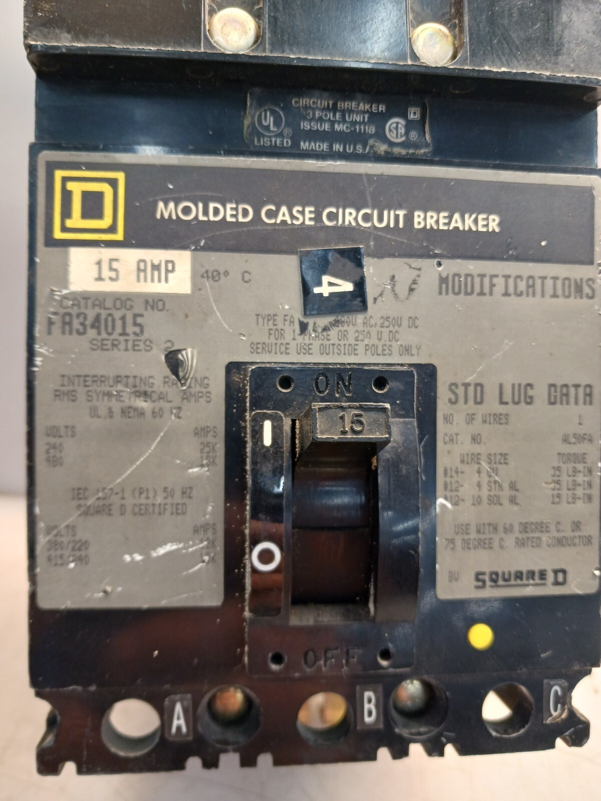 SQUARE D 15 AMP I-LINE CIRCUIT BREAKER 3 POLE 480 VAC FA34015