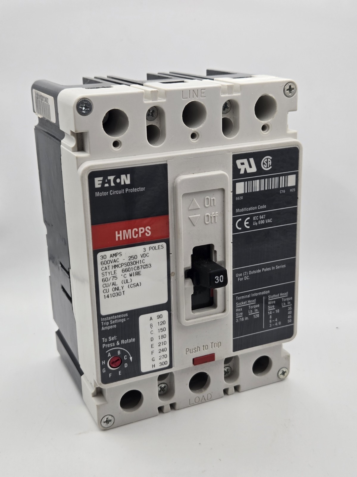 Eaton HMCPS030H1C Circuit Breaker, F-Frame, C,30A,3 Pole, 25kva