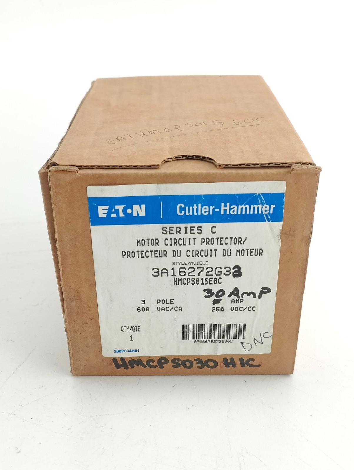 New HMCPS030H1C EATON 30AMP 600VAC/250VDC 3POLE CIRCUIT BREAKER