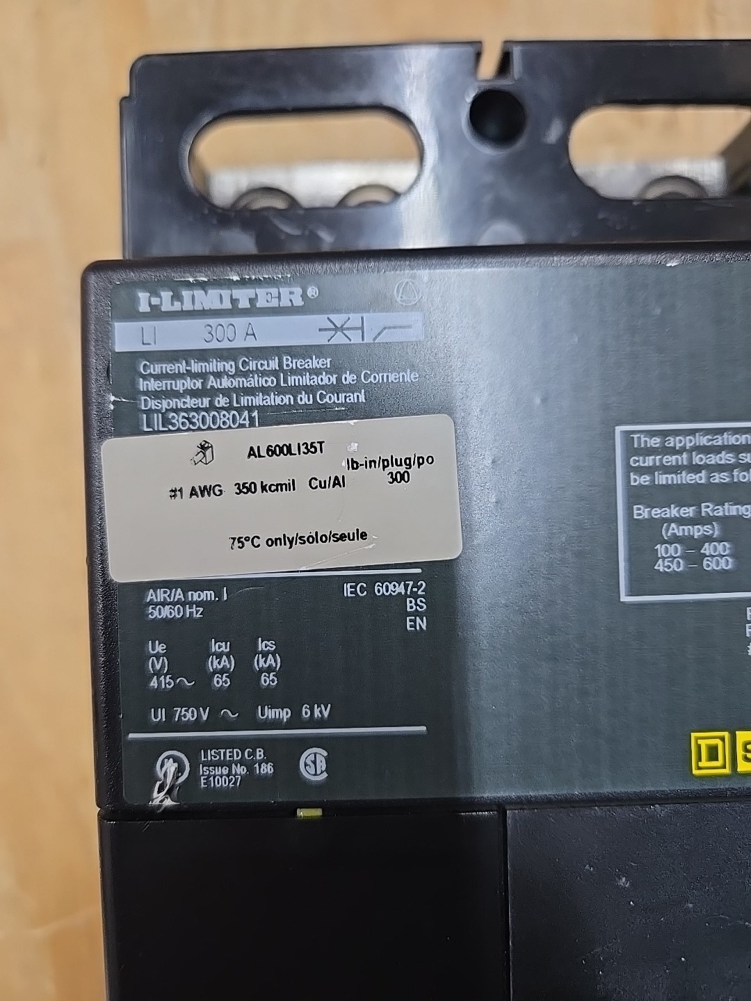 SQUARE D 300A I-LIMITER CIRCUIT BREAKER 3P 600V W/ 1500-3200A TRIP LIL363008041