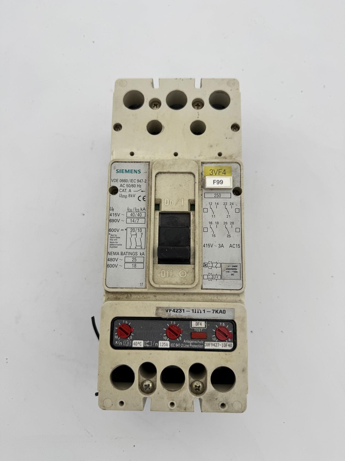 SIEMENS 3VF4 CIRCUIT BREAKER 3VF4231-1DF41-7KA0 125AMP 600VOLT 3POLE