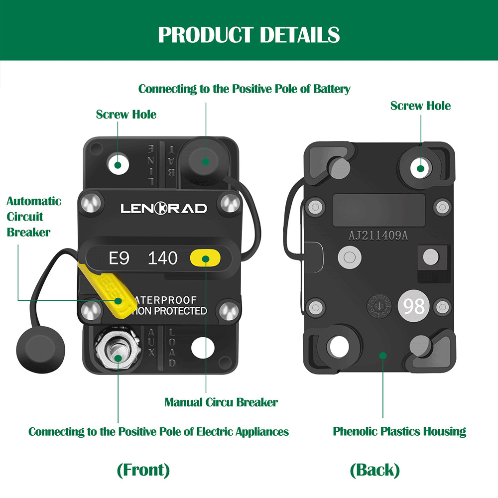 140A Amp Waterproof Circuit Breaker Auto/Marine/Solar 12-48V DC Manual Reset