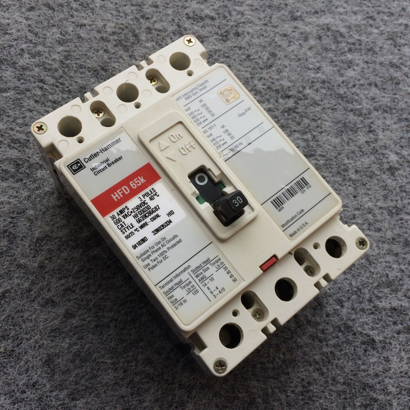 Cutler Hammer HFD3030 30A Circuit Breaker Glossy Red 600V 30 Amp Eaton