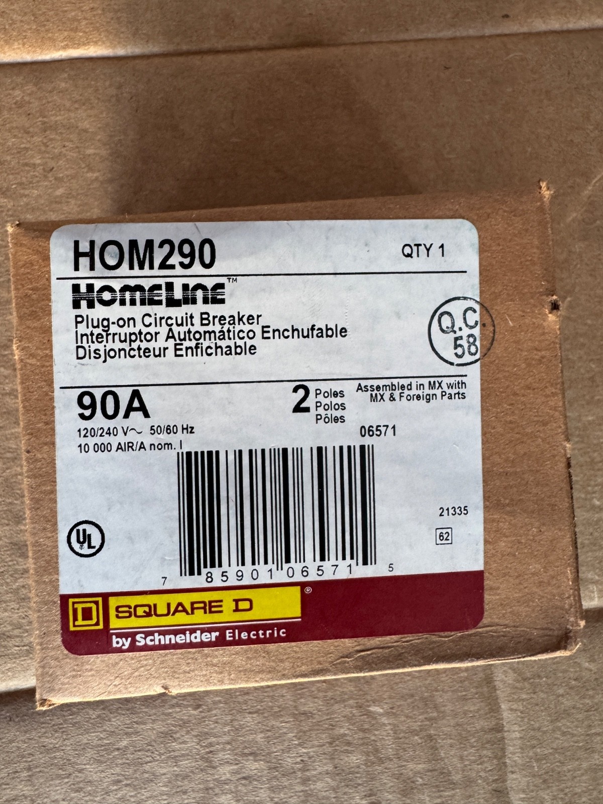 Square D Homeline 90A 2-Pole 120/240 Vac Mini Circuit Breaker – Black (HOM290CP)