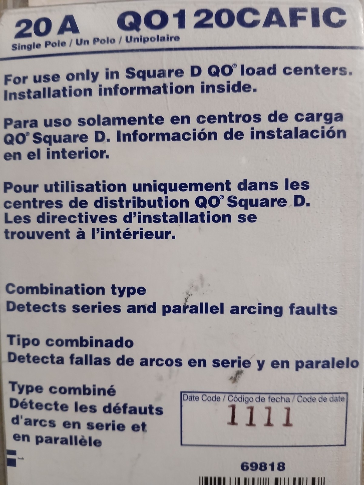 20 A Q0120CAFIC Single pole Square D QO Circuit Breaker New Old Stock