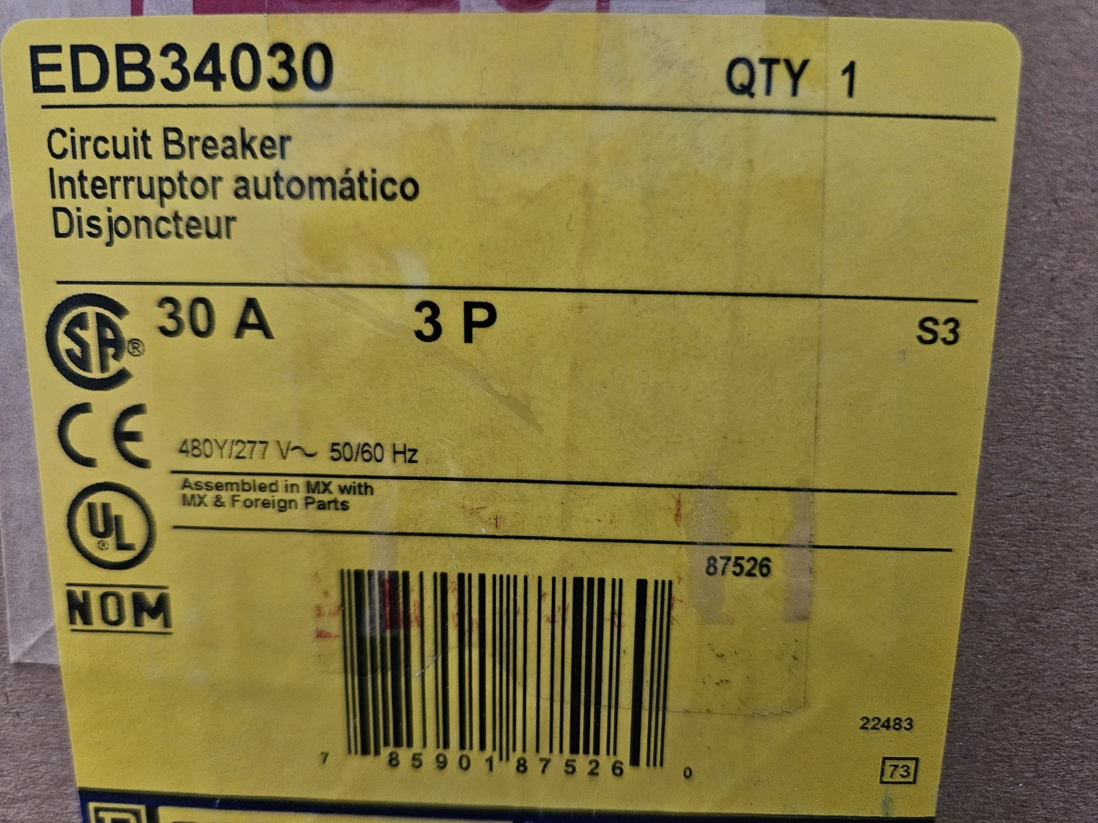 NIB – Square D EDB34030 Molded Case Circuit Breaker 30A, 3-Phase 480V