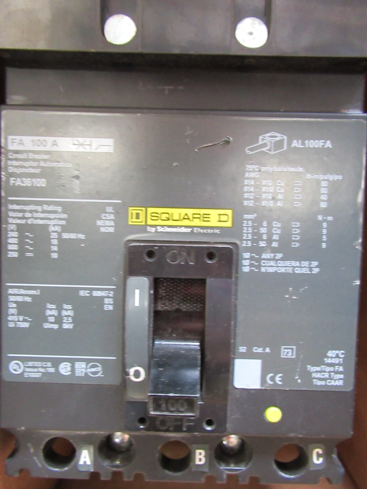 Square D FA36100 I-LINE Circuit Breaker 100 Amp 600 Volt 3 Pole (NS) 18K -NEW-S