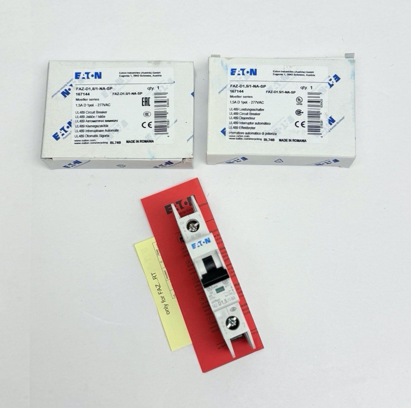 LOT OF 2, EATON FAZ-D1,5/1-NA-SP CIRCUIT BREAKER 1,5A D 1POL-277VAC