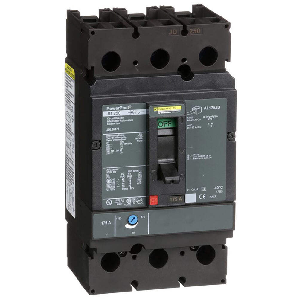 JDL36175 – Square D Bolt-On 600V 175A 3 pole circuit breaker 18kA@480V
