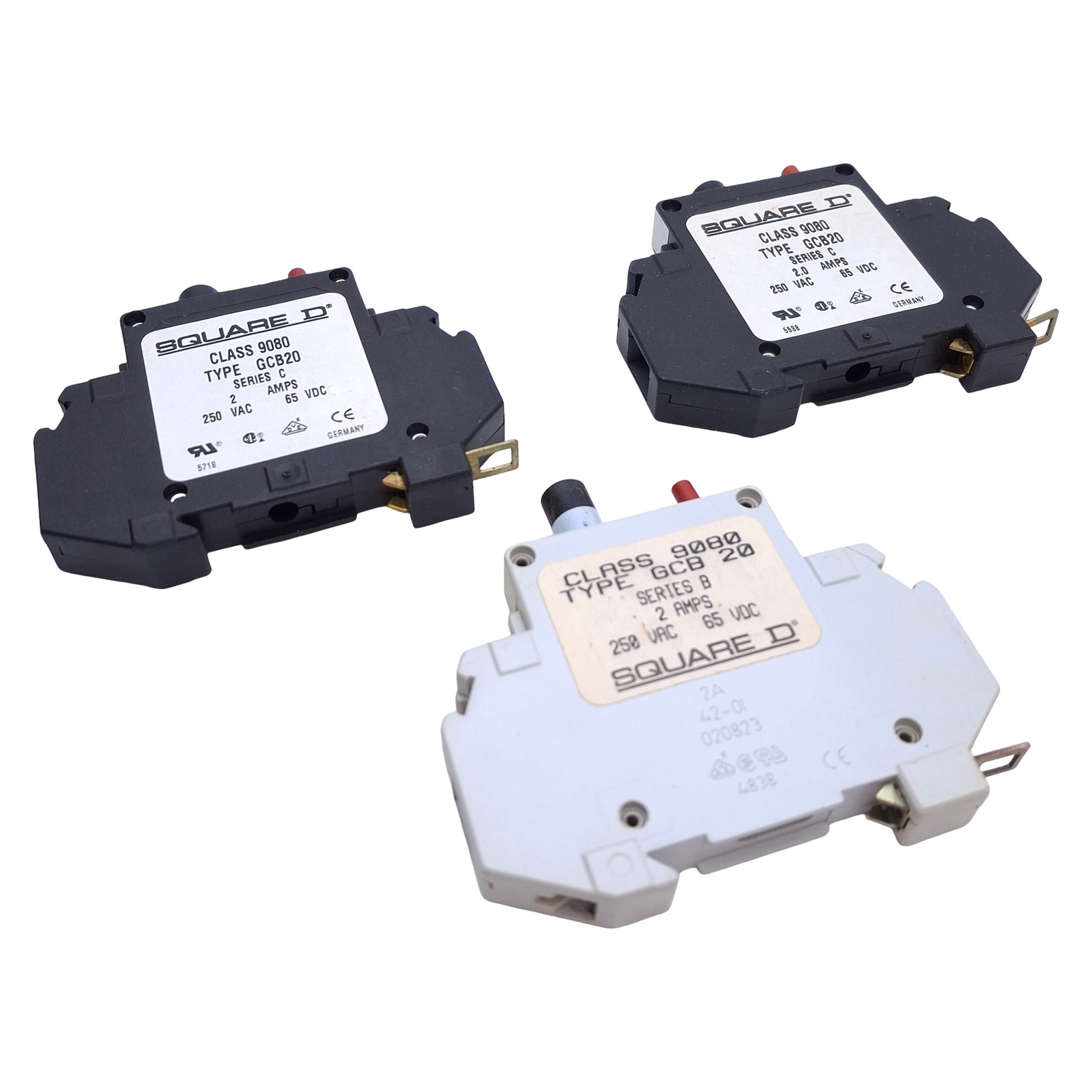 Lot of 3 Square D 9080GCB20 Circuit Breaker 1-Pole, 2A 250VAC/65VDC, DIN Rail