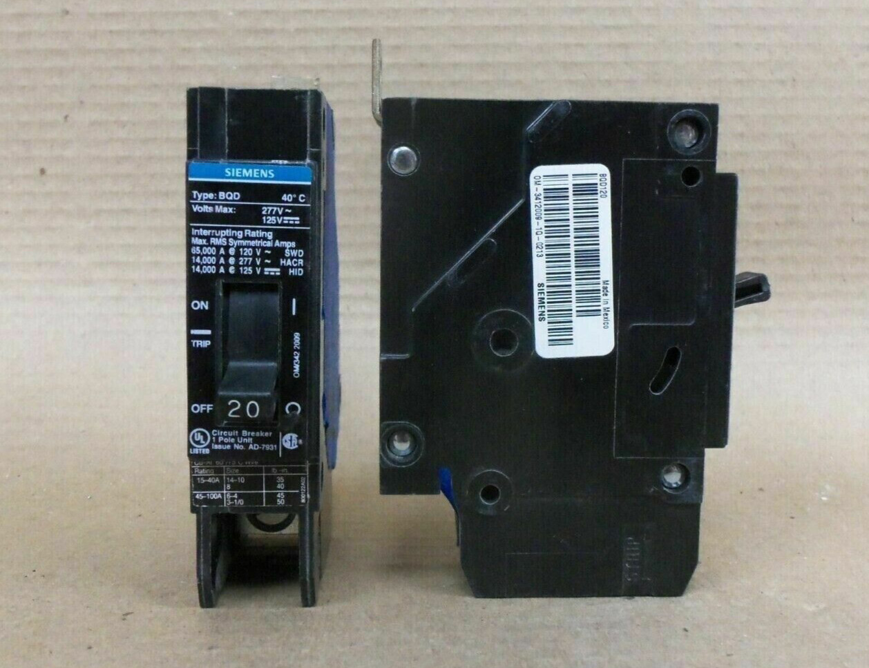 NEW LOT OF 2 Siemens BQD BQD120 1 Pole 20 Amp 277V Circuit Breaker NTO AK