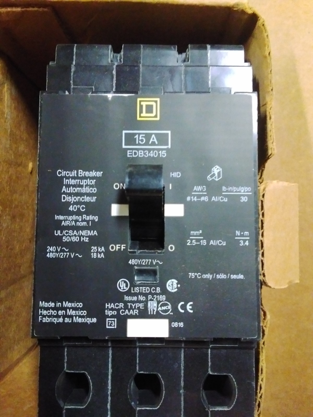 Square D – EDB34015 – 15 A, 277/480V AC, Three Phase, 18kA at 277/480V AC, EDB,