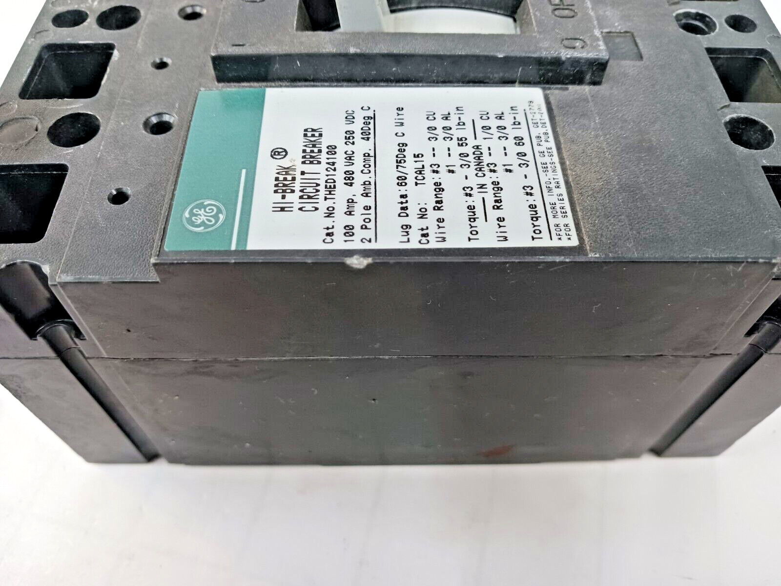 GE 100 AMP CIRCUIT BREAKER 2 POLE 480 VAC THED124100