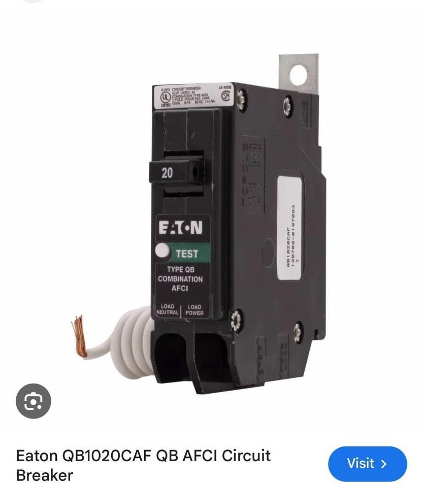 Eaton QB1020CAF circuit breaker, Bolt-on breaker AFCI, 1 pole, 20A, 10kAIC